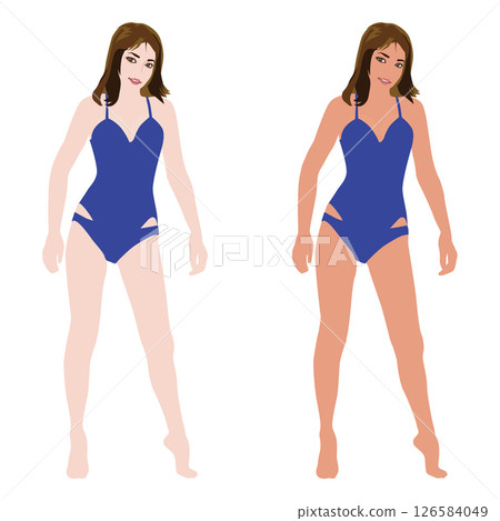 Illustration set of realistic young women in various poses before and after sunburn in swimsuits, one piece 06 Illustration set of realistic young women in various poses before and after sunburn in swimsuits, one piece 06 126584049