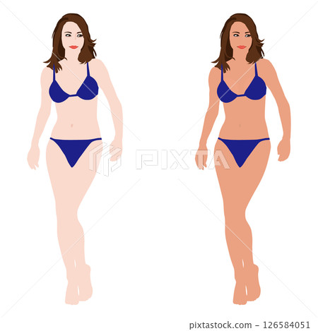 Realistic young woman in various poses before and after tanning illustration set, bikini 08 126584051