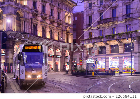 Beautiful cityscape of a tram running in Milan, Italy 126584111