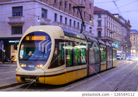 Beautiful cityscape of a tram running in Milan, Italy Beautiful cityscape of a tram running in Milan, Italy 126584112