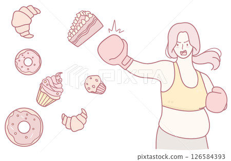 An Empowered Woman Boxing, Surrounded by Tempting Sweets, Embodies Strength and Determination An Empowered Woman Boxing, Surrounded by Tempting Sweets, Embodies Strength and Determination 126584393