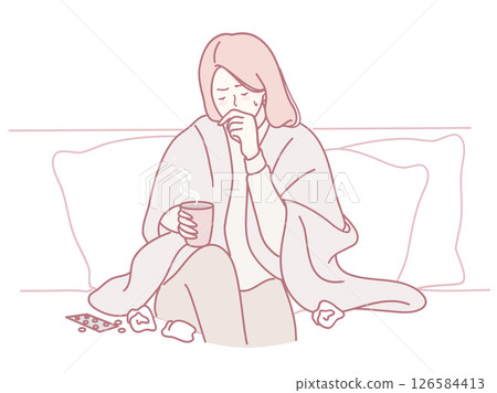 A woman is cozily cuddled up under a soft blanket, sipping her warm drink to embrace comfort A woman is cozily cuddled up under a soft blanket, sipping her warm drink to embrace comfort 126584413