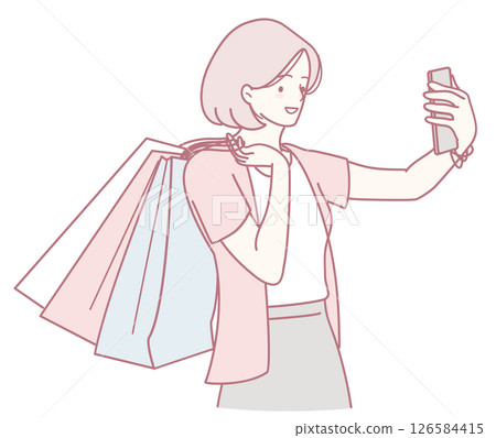 A woman is enjoying her shopping experience while capturing a fun selfie with her shopping bags A woman is enjoying her shopping experience while capturing a fun selfie with her shopping bags 126584415