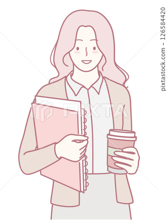 A Confident, Professional Woman Holding Important Business Files While Enjoying a Cup of Coffee 126584420