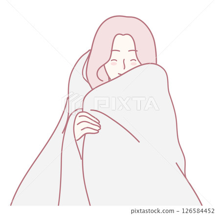 A Beautiful and Cozy Illustration Featuring a Woman Comfortably Wrapped in a Soft, Warm Blanket 126584452