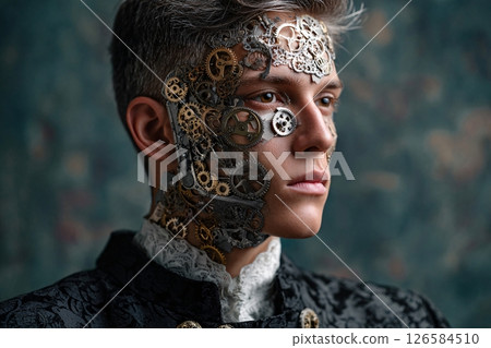 a human face made of intricate clockwork, symbolizing time shaping identity, steampunk aesthetic 126584510