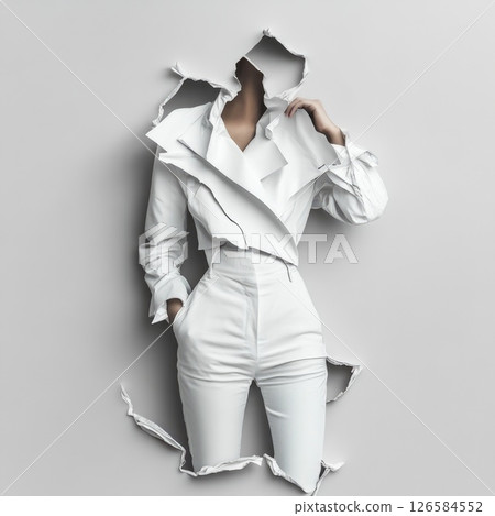 A unique fashion design featuring a white outfit on a model making its way through a wall in a minimalist setting. A fashion magazine design element 126584552