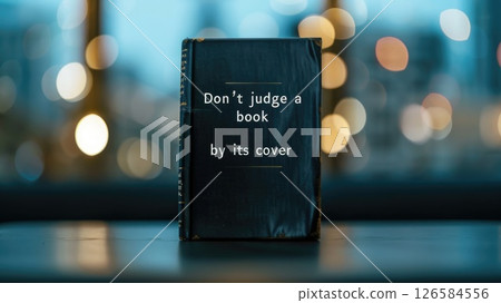 An inspiring quote saying "Don't judge a book by its cover" placed on a tattered book cover in a cozy urban setting during twilight hours An inspiring quote saying "Don't judge a book by its cover" placed on a tattered book cover in a cozy urban setting during twilight hours 126584556