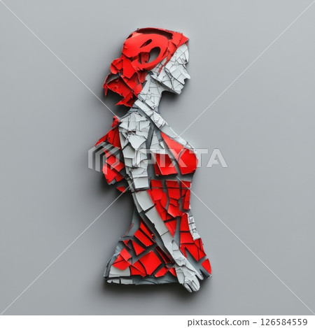 Fragmented sculpture of a woman in red and gray tones displayed against a neutral background 126584559