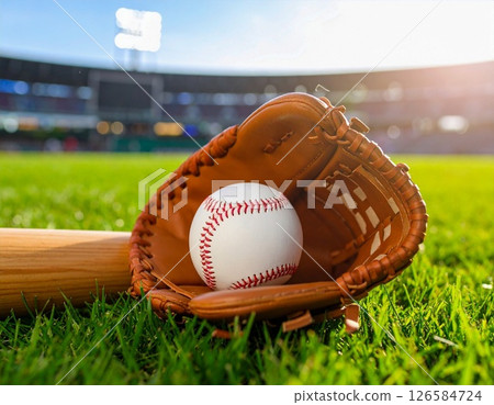 手套、球棒和球，背景是棒球場 126584724