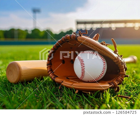 手套、球棒和球,背景是棒球場 手套、球棒和球,背景是棒球場 126584725