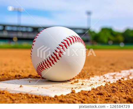 A baseball placed on the white line and the base 126584729
