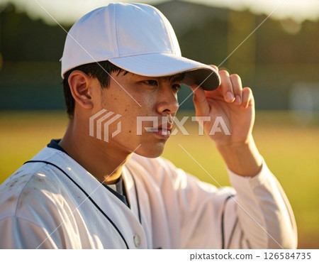 A high school baseball player in a white uniform adjusting his cap A high school baseball player in a white uniform adjusting his cap 126584735