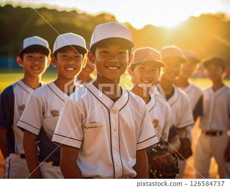 夕陽下,一群笑容滿面的青少年棒球隊員站在一起的照片 夕陽下,一群笑容滿面的青少年棒球隊員站在一起的照片 126584737
