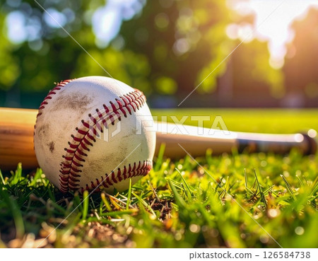 草地上的棒球和球棒 草地上的棒球和球棒 126584738