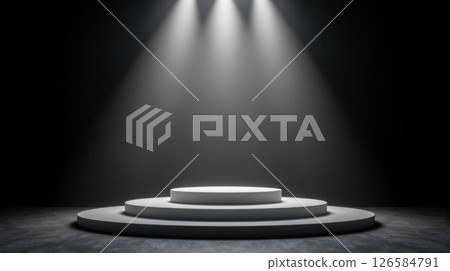 Spotlight shining on circular stage in dark room for professional product presentation or creative exhibition with focus on performance or display 126584791