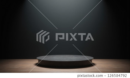 Empty dark stage with round podium spotlighted wooden floor minimalist design product presentation professional showcase event 126584792