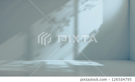 Light blue background with soft sunlight shadows, minimalistic design, spacious empty area, perfect for object placement, clean surface, modern look, serene atmosphere 126584795