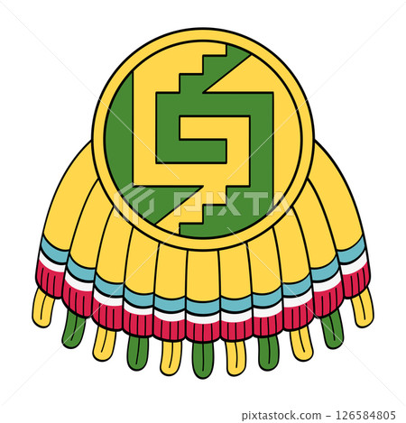 Chimalli, Aztec shield with feathers, and stepped fret pattern. Xicalcoliuhqui, meander motif composed of steps connected to a spiral. Traditional defensive armament of indigenous Mesoamerican states. Chimalli, Aztec shield with feathers, and stepped fret pattern. Xicalcoliuhqui, meander motif composed of steps connected to a spiral. Traditional defensive armament of indigenous Mesoamerican states. 126584805