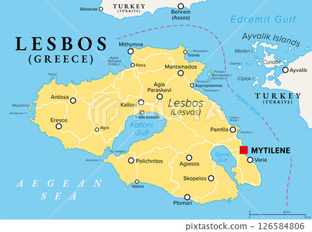 Lesbos, Greek island, political map. Also called Lesvos, located in the northeastern Aegean Sea, separated from Asia Minor by the narrow Mytilini Strait, and with capital and largest city Mytilene.  126584806