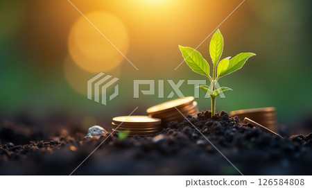 Macro shot of a young sprout breaking through fertile soil strewn with coins, against a soft warm light. 126584808