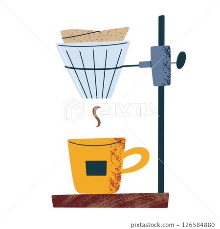 Pour over brewing setup with coffee dripper stand, filter coffee vector illustration, minimal kitchen scene with brewing accessories and cup. Flat cartoon icon, making coffee method Pour over brewing setup with coffee dripper stand, filter coffee vector illustration, minimal kitchen scene with brewing accessories and cup. Flat cartoon icon, making coffee method 126584880