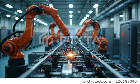 Modern industrial factory interior with automated robotic arms assembling equipment on a high-tech production line. 126585090