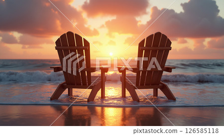 Two wooden Adirondack chairs sit on a sandy beach at the water's edge, overlooking a beautiful sunset. 126585118