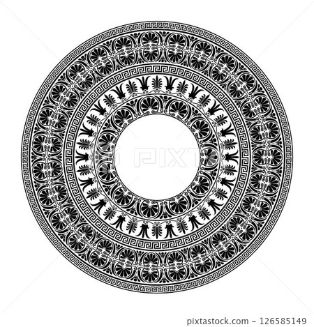 Classic Greek round ornamental plate. Ancient rome circular key meander pattern. Byzantine Circle of Ancient Greece, Roman Empire. Decoration of European palace, for round surface, textile, embroidery 126585149