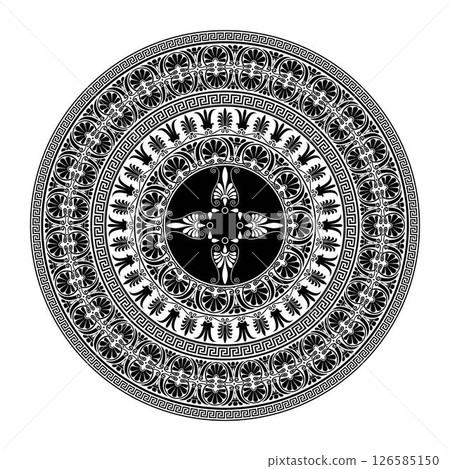 Vector black and white round classical Greek ornament. European ornament. Border, frame, circle, ring Ancient Greece, Roman Empire. Decoration of European palaces. Circle, Arabesque, Byzantine pattern 126585150
