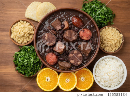 Brazilian Feijoada with rice, farofa, greens, and orange 126585184
