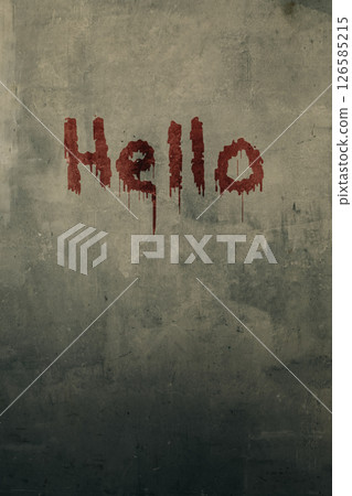 Art shabby grey plastered wall with the inscription hello in blood, copy space, vertical image. 126585215