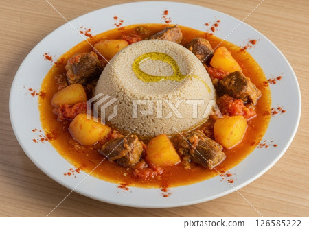 Libyan bazeen with meat, potatoes, and tomato stew 126585222