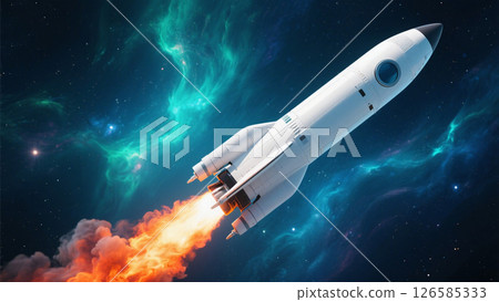 A futuristic rocket launches into space, leaving a fiery trail against a vibrant nebula backdrop. 126585333