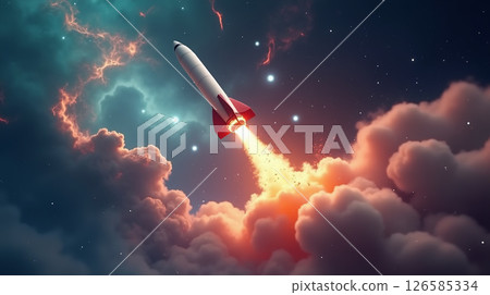 A futuristic rocket launches into space, leaving a fiery trail against a vibrant nebula backdrop. A futuristic rocket launches into space, leaving a fiery trail against a vibrant nebula backdrop. 126585334