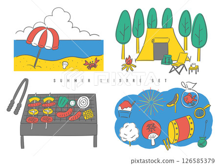 Hand-drawn summer leisure set (sea, camping, barbecue, summer festival) 126585379