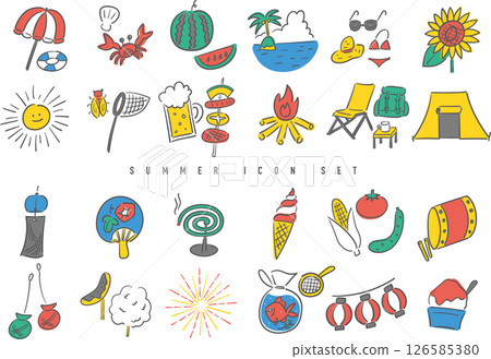 夏季圖示套裝（手繪風格）（風鈴、西瓜、捉蟲、刨冰等） 126585380