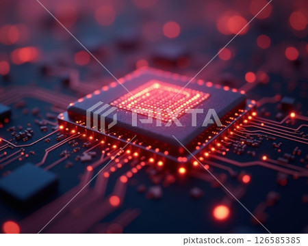 Macro view of quantum processor showing detailed architecture with luminescent quantum computing elements 126585385