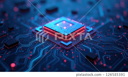 Advanced quantum computing processor with luminous data pathways on futuristic circuit board design 126585391