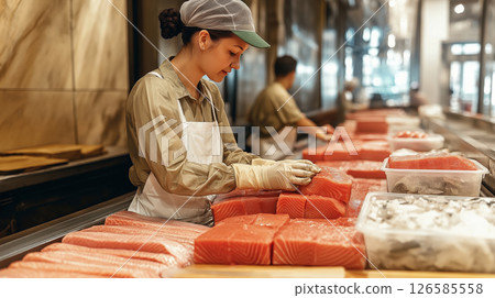 Fishmonger preparing salmon fillets for sale at fish market 126585558