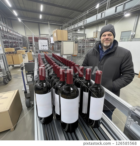Wine bottles moving on conveyor belt in bottling factory 126585568