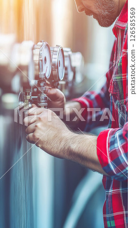 Technician adjusting gas and water meters in industrial environment 126585569