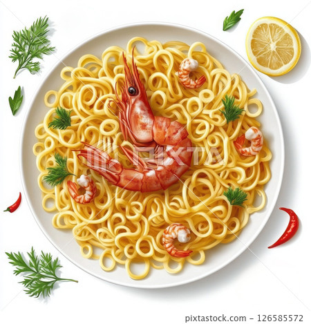 Delicious pasta with shrimps, lemon and herbs on white plate 126585572
