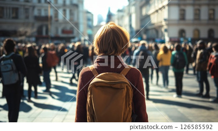 Young student walking in crowded city street 126585592
