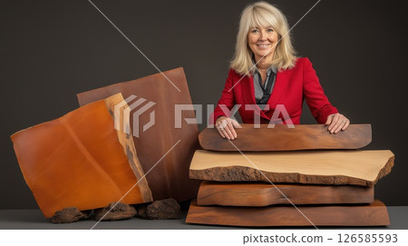 Businesswoman presenting wood slabs and resin art pieces 126585593