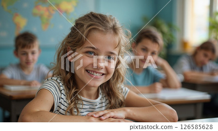 A portrait of a happy young elementary school girl with pigtails, smiling cheerfully at the camera while sitting at her desk in a classroom. 126585628