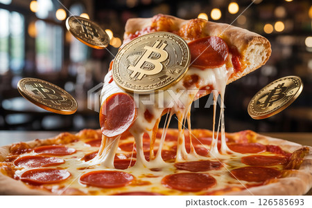 A realistic, highly detailed slice of hot pepperoni pizza with melted cheese stretching, topped with a shiny golden Bitcoin symbol. 126585693