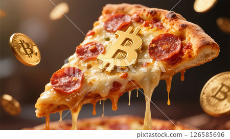 A realistic, highly detailed slice of hot pepperoni pizza with melted cheese stretching, topped with a shiny golden Bitcoin symbol. 126585696