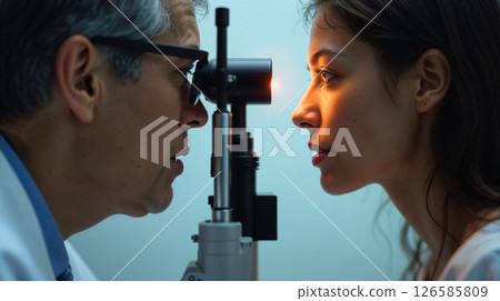 Close-up of a young woman undergoing a slit lamp eye examination in a modern ophthalmology clinic. Close-up of a young woman undergoing a slit lamp eye examination in a modern ophthalmology clinic. 126585809