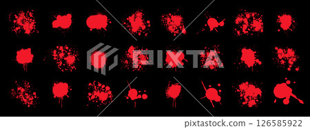 Bloody spray and splatter bundle. Red ink stains, drops, and grunge brush textures. 126585922